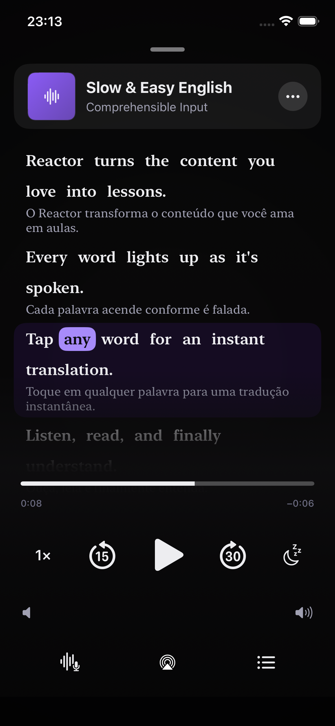 The Reactor player — every word lights up as it's spoken, tap any word to translate