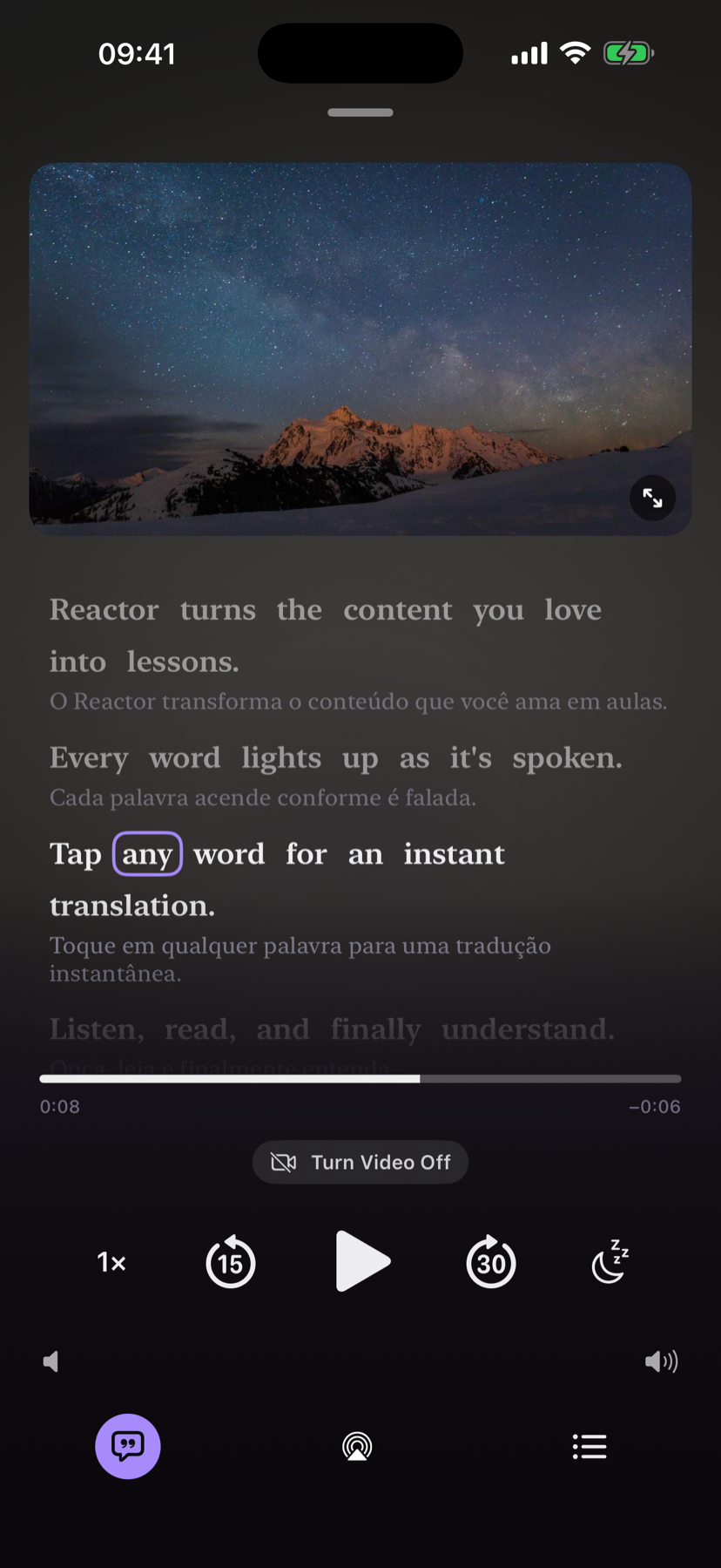 The Reactor player — watch a video podcast while every word lights up as it's spoken